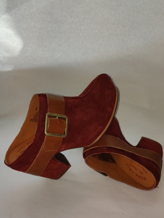 Kork-Ease Shoes - Kork-Ease Women's Burgundy Suede Clog with Tan Leather Strap Size 7